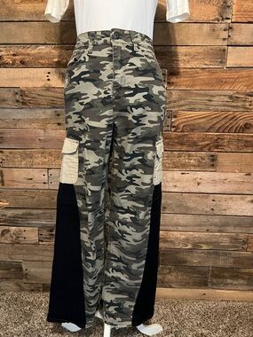 Camo Cargo Panel Wide-Leg Pants in Olive & Black High Rise Skinny Jean Upcycle